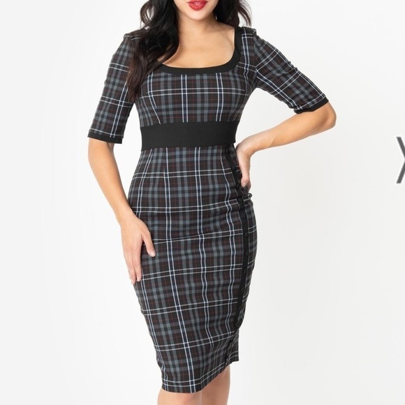 NWT Glamour Bunny 1960s Style Black & Grey Plaid Emily Pencil Dress - Picture 3 of 12